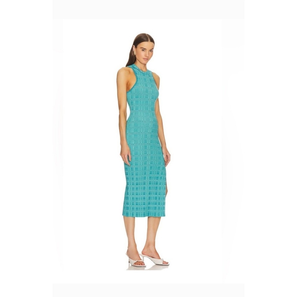 L'Academie Knit Midi Dress Womens Small Teal Blue Excellent Plaid Side Slit